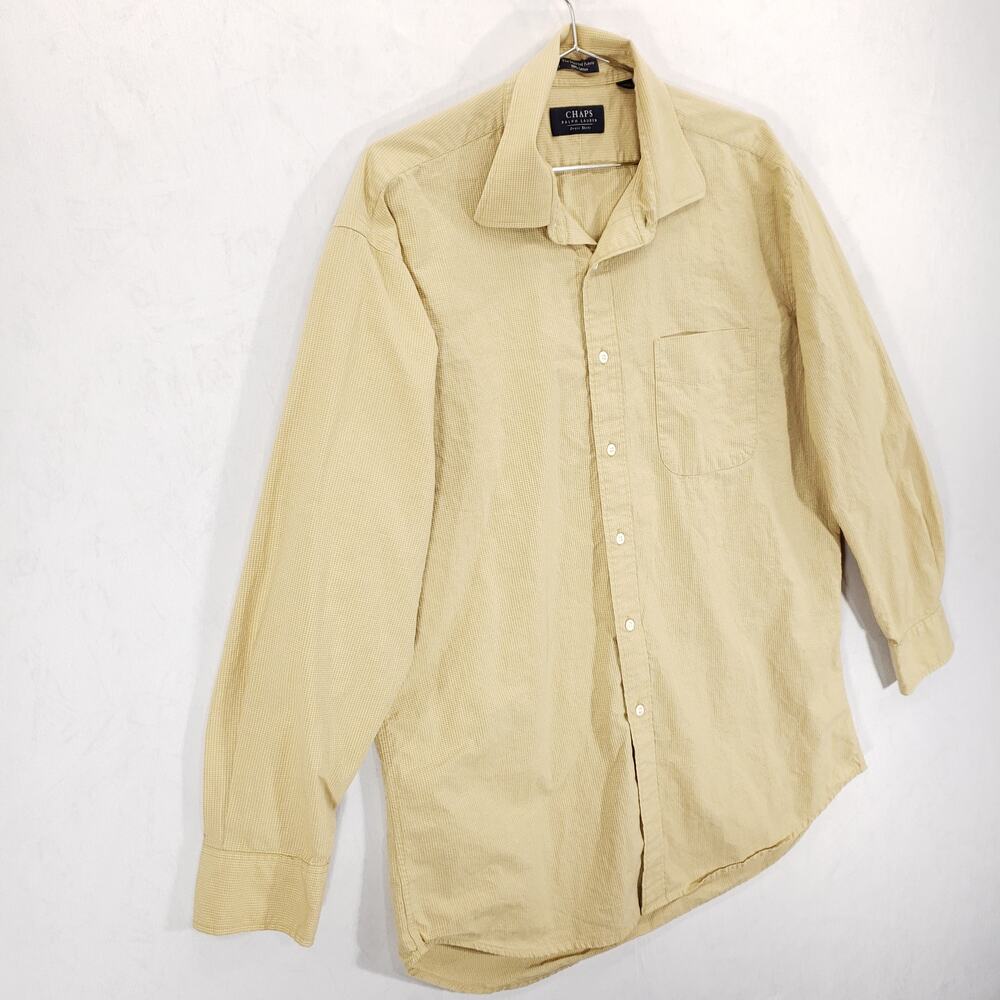 Vintage Chaps Ralph Lauren Dress Shirt Mens Extra Large Tan Check Button Up Top - Picture 4 of 11